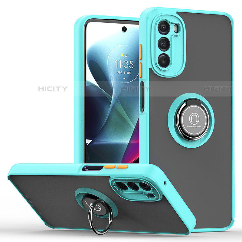 Silikon Hülle Handyhülle und Kunststoff Schutzhülle Hartschalen Tasche mit Magnetisch Fingerring Ständer S04 für Motorola Moto G 5G (2022) Cyan