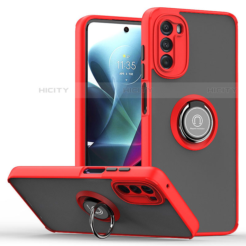 Silikon Hülle Handyhülle und Kunststoff Schutzhülle Hartschalen Tasche mit Magnetisch Fingerring Ständer S04 für Motorola Moto G 5G (2022) Rot