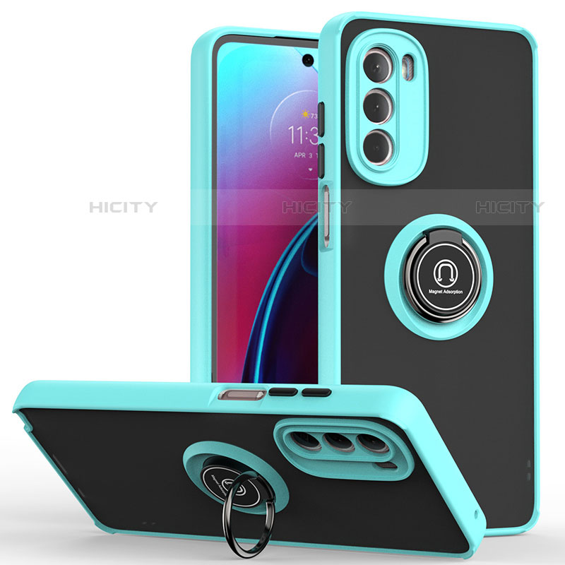 Silikon Hülle Handyhülle und Kunststoff Schutzhülle Hartschalen Tasche mit Magnetisch Fingerring Ständer S04 für Motorola Moto G Stylus (2022) 4G Cyan Plus