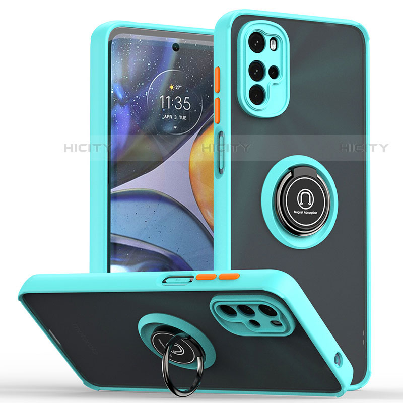 Silikon Hülle Handyhülle und Kunststoff Schutzhülle Hartschalen Tasche mit Magnetisch Fingerring Ständer S04 für Motorola Moto G22 Cyan