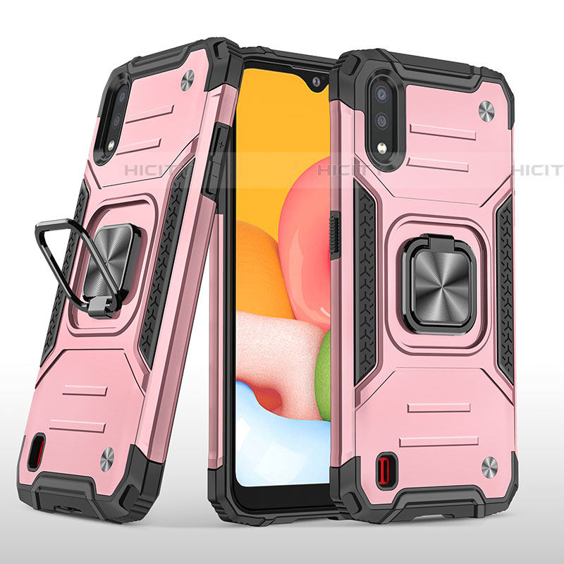 Silikon Hülle Handyhülle und Kunststoff Schutzhülle Hartschalen Tasche mit Magnetisch Fingerring Ständer S04 für Samsung Galaxy A01 SM-A015 Rosegold