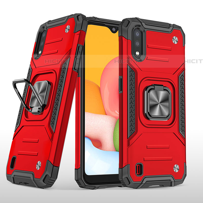 Silikon Hülle Handyhülle und Kunststoff Schutzhülle Hartschalen Tasche mit Magnetisch Fingerring Ständer S04 für Samsung Galaxy A01 SM-A015 Rot Plus