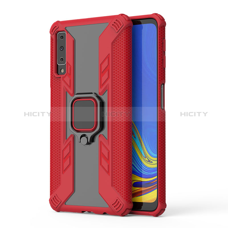 Silikon Hülle Handyhülle und Kunststoff Schutzhülle Hartschalen Tasche mit Magnetisch Fingerring Ständer S04 für Samsung Galaxy A7 (2018) A750 Rot