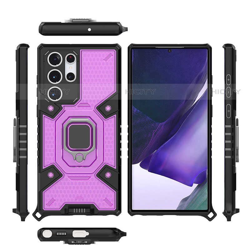 Silikon Hülle Handyhülle und Kunststoff Schutzhülle Hartschalen Tasche mit Magnetisch Fingerring Ständer S04 für Samsung Galaxy S21 Ultra 5G Violett