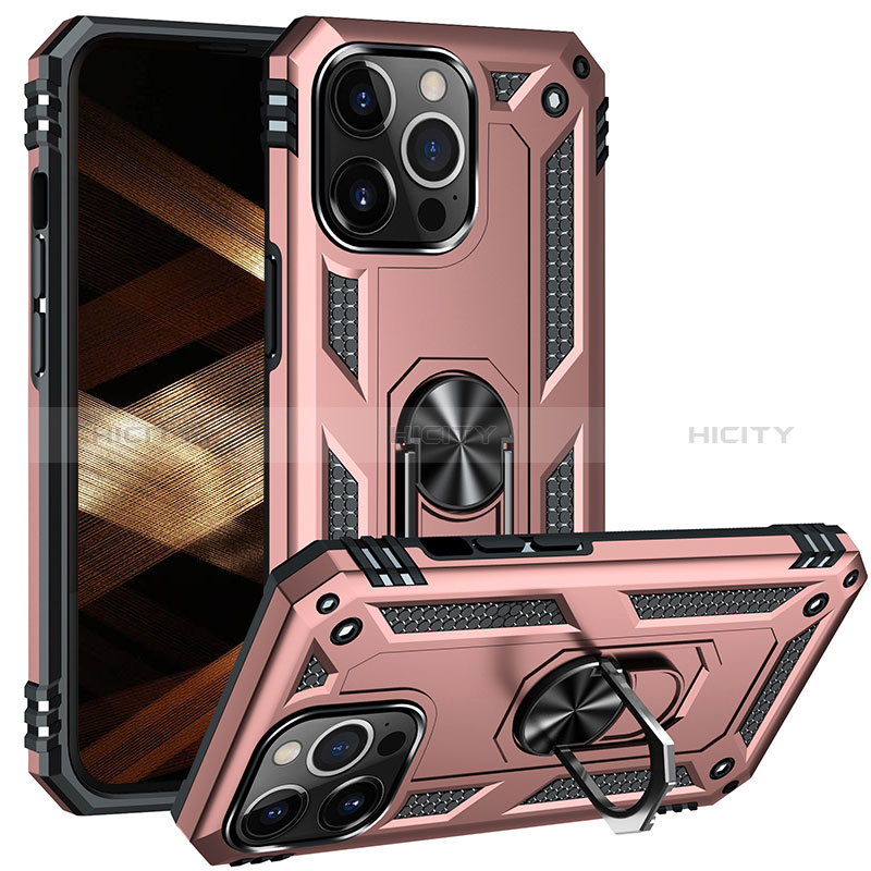 Silikon Hülle Handyhülle und Kunststoff Schutzhülle Hartschalen Tasche mit Magnetisch Fingerring Ständer S05 für Apple iPhone 14 Pro Max Rosegold Plus