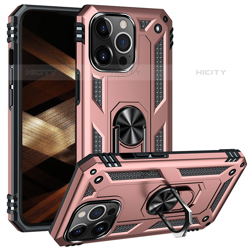 Silikon Hülle Handyhülle und Kunststoff Schutzhülle Hartschalen Tasche mit Magnetisch Fingerring Ständer S05 für Apple iPhone 15 Pro Max Rosegold