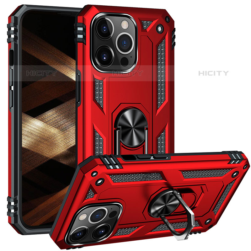 Silikon Hülle Handyhülle und Kunststoff Schutzhülle Hartschalen Tasche mit Magnetisch Fingerring Ständer S05 für Apple iPhone 15 Pro Rot