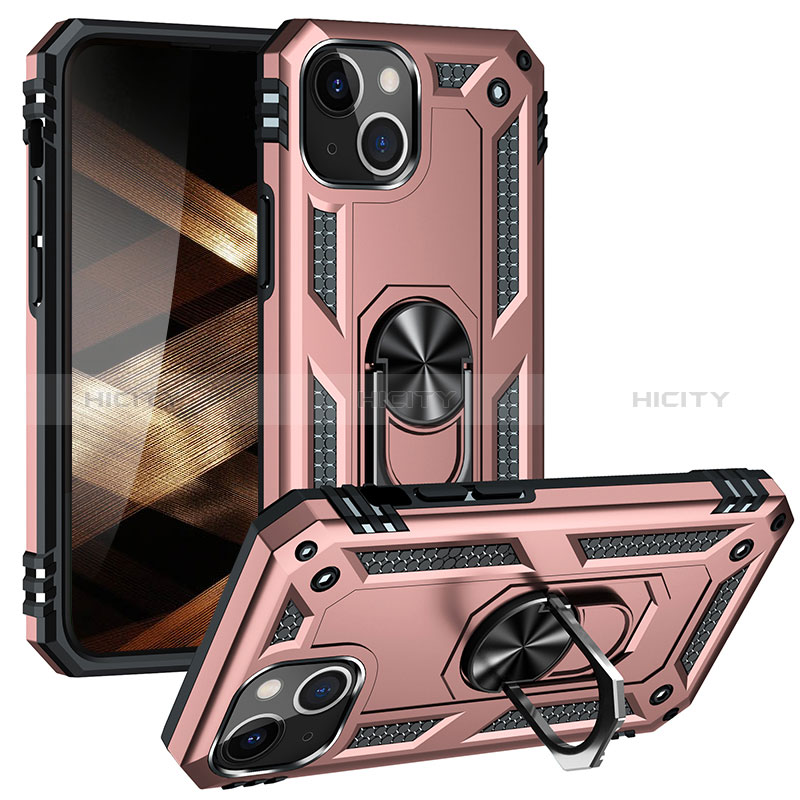 Silikon Hülle Handyhülle und Kunststoff Schutzhülle Hartschalen Tasche mit Magnetisch Fingerring Ständer S05 für Apple iPhone 15 Rosegold