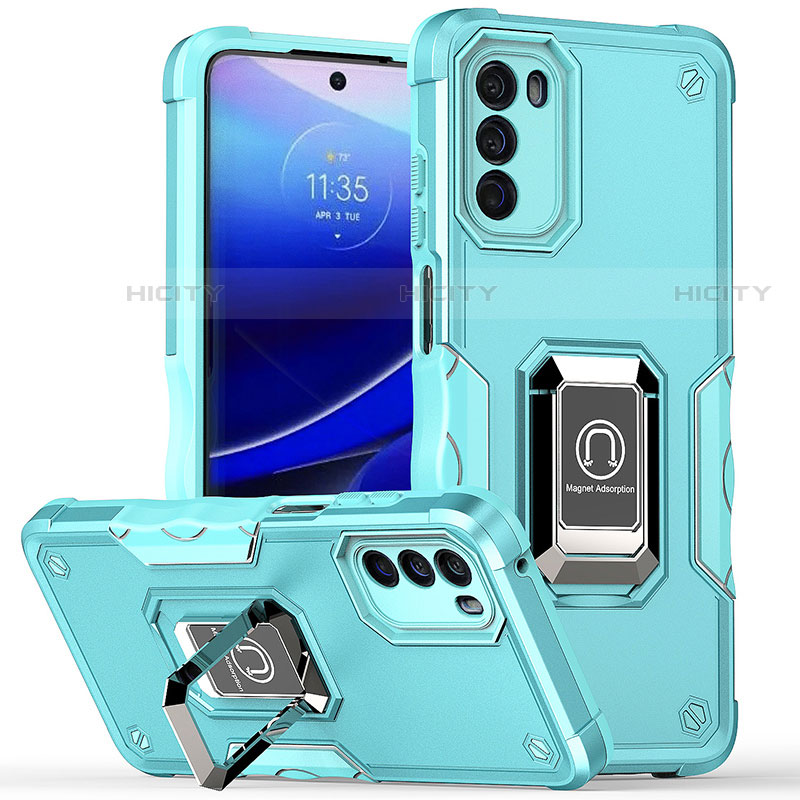 Silikon Hülle Handyhülle und Kunststoff Schutzhülle Hartschalen Tasche mit Magnetisch Fingerring Ständer S05 für Motorola Moto G 5G (2022) Cyan