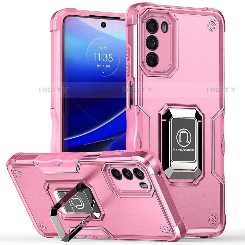 Silikon Hülle Handyhülle und Kunststoff Schutzhülle Hartschalen Tasche mit Magnetisch Fingerring Ständer S05 für Motorola Moto G 5G (2022) Pink