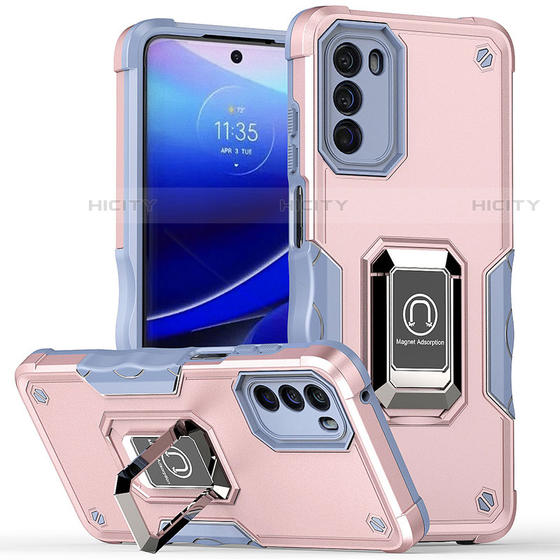 Silikon Hülle Handyhülle und Kunststoff Schutzhülle Hartschalen Tasche mit Magnetisch Fingerring Ständer S05 für Motorola Moto G 5G (2022) Rosa Plus