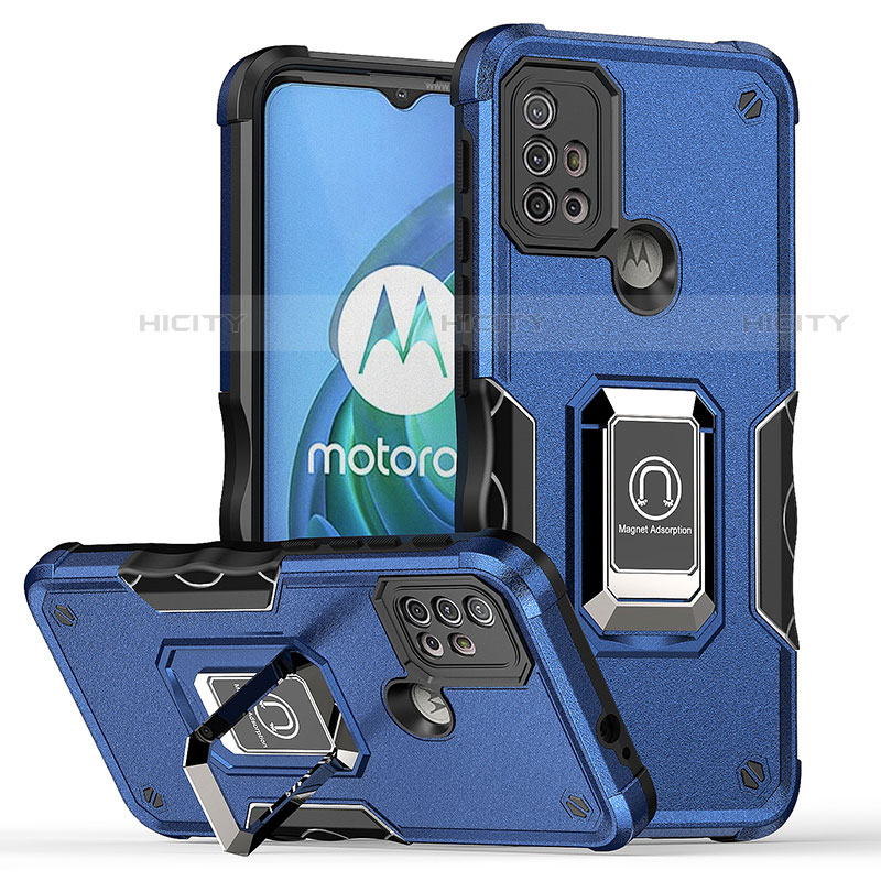 Silikon Hülle Handyhülle und Kunststoff Schutzhülle Hartschalen Tasche mit Magnetisch Fingerring Ständer S05 für Motorola Moto G10 groß