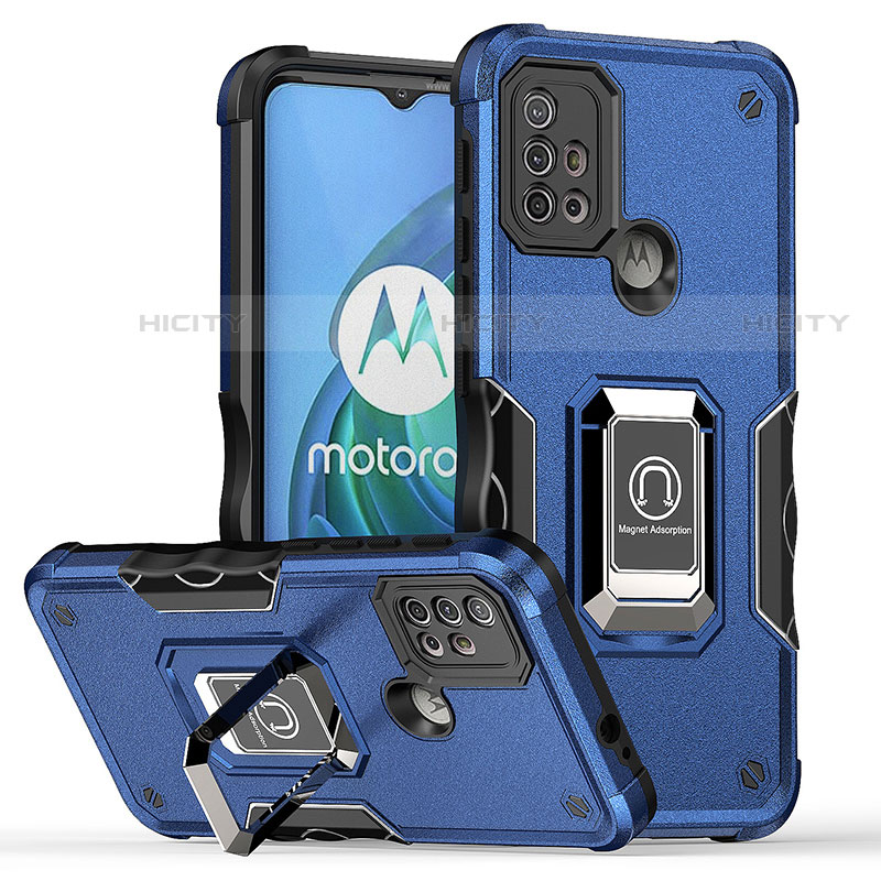 Silikon Hülle Handyhülle und Kunststoff Schutzhülle Hartschalen Tasche mit Magnetisch Fingerring Ständer S05 für Motorola Moto G10 Blau Plus