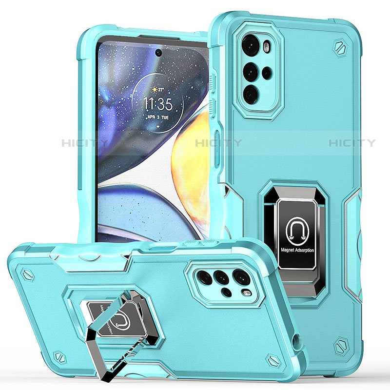 Silikon Hülle Handyhülle und Kunststoff Schutzhülle Hartschalen Tasche mit Magnetisch Fingerring Ständer S05 für Motorola Moto G22 Cyan