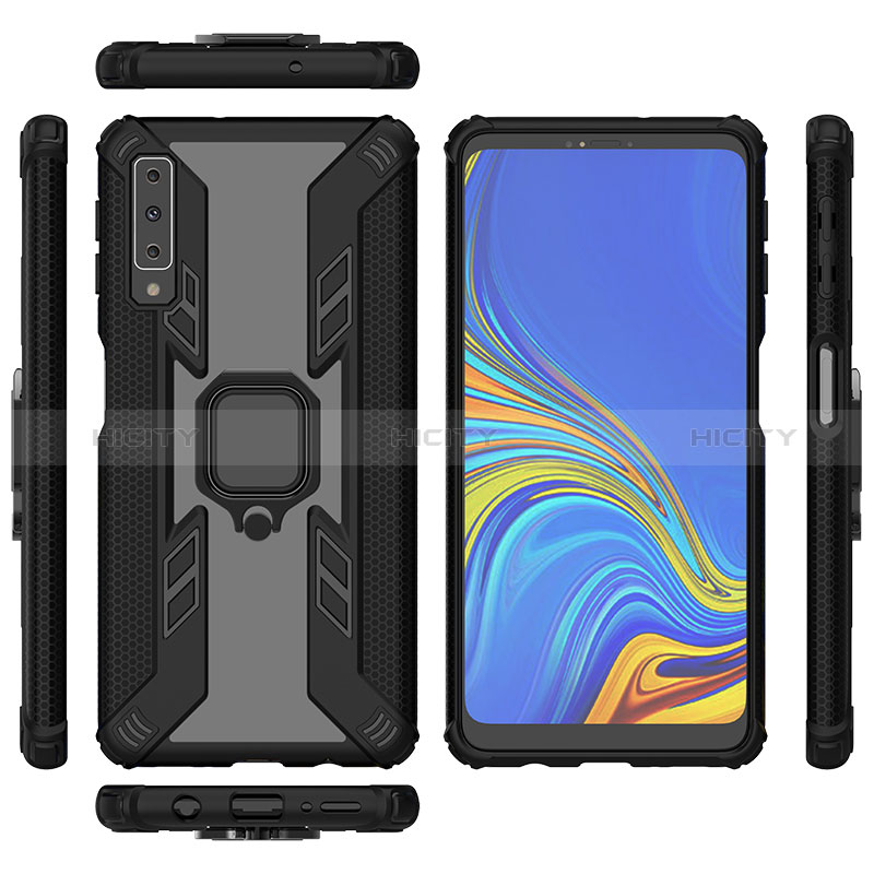 Silikon Hülle Handyhülle und Kunststoff Schutzhülle Hartschalen Tasche mit Magnetisch Fingerring Ständer S05 für Samsung Galaxy A7 (2018) A750