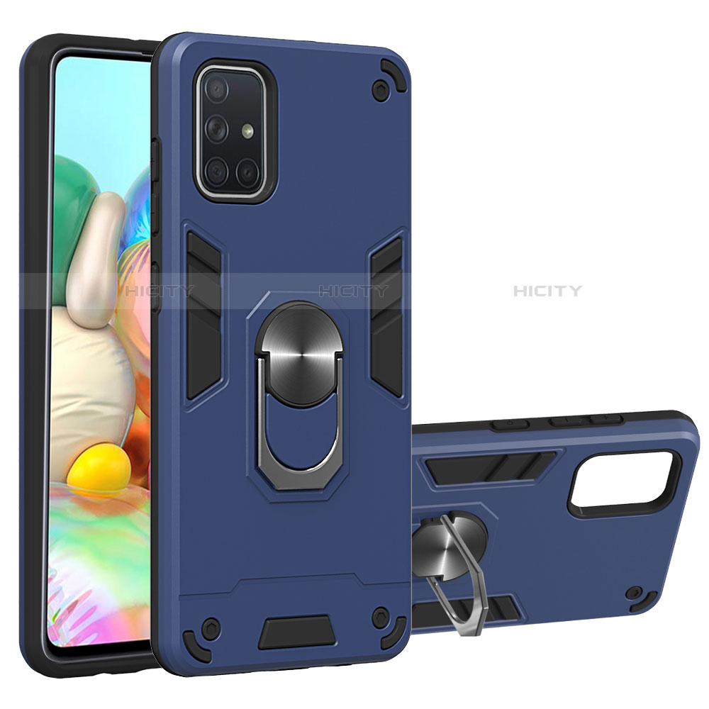 Silikon Hülle Handyhülle und Kunststoff Schutzhülle Hartschalen Tasche mit Magnetisch Fingerring Ständer S05 für Samsung Galaxy A71 5G Blau