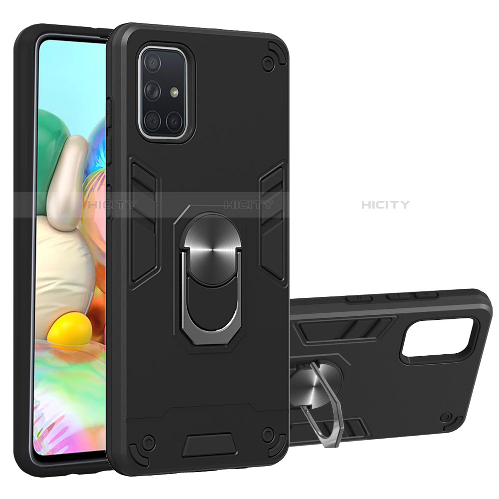 Silikon Hülle Handyhülle und Kunststoff Schutzhülle Hartschalen Tasche mit Magnetisch Fingerring Ständer S05 für Samsung Galaxy A71 5G Schwarz