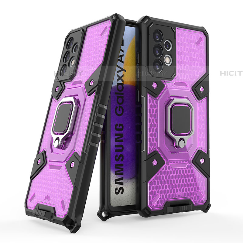 Silikon Hülle Handyhülle und Kunststoff Schutzhülle Hartschalen Tasche mit Magnetisch Fingerring Ständer S05 für Samsung Galaxy A72 4G Violett