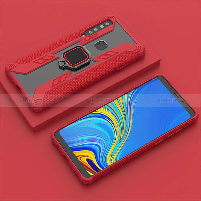 Silikon Hülle Handyhülle und Kunststoff Schutzhülle Hartschalen Tasche mit Magnetisch Fingerring Ständer S05 für Samsung Galaxy A9 (2018) A920 Rot