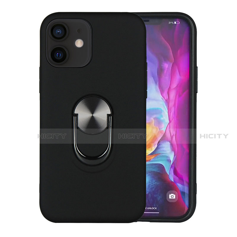 Silikon Hülle Handyhülle und Kunststoff Schutzhülle Hartschalen Tasche mit Magnetisch Fingerring Ständer S06 für Apple iPhone 12 Schwarz