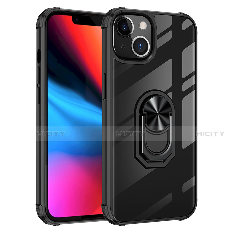 Silikon Hülle Handyhülle und Kunststoff Schutzhülle Hartschalen Tasche mit Magnetisch Fingerring Ständer S06 für Apple iPhone 13 Schwarz