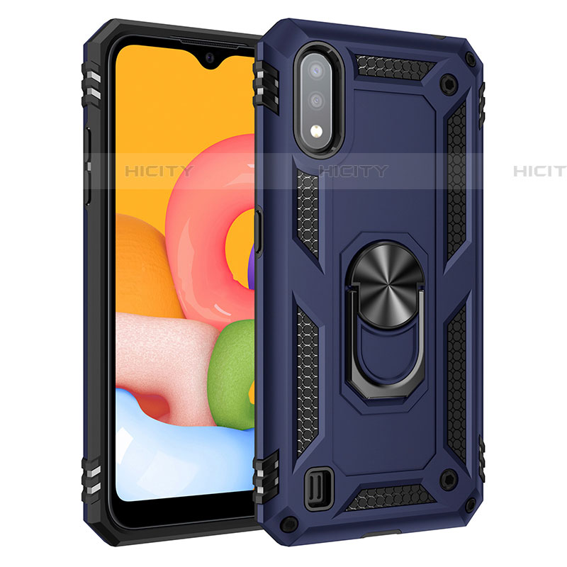 Silikon Hülle Handyhülle und Kunststoff Schutzhülle Hartschalen Tasche mit Magnetisch Fingerring Ständer S06 für Samsung Galaxy A01 SM-A015 Blau Plus