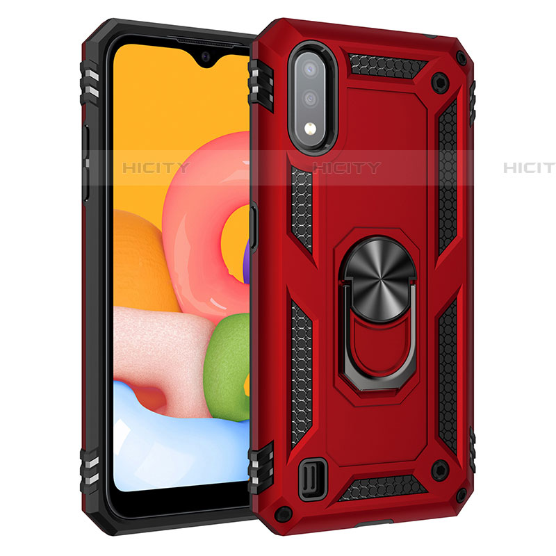 Silikon Hülle Handyhülle und Kunststoff Schutzhülle Hartschalen Tasche mit Magnetisch Fingerring Ständer S06 für Samsung Galaxy A01 SM-A015 Rot