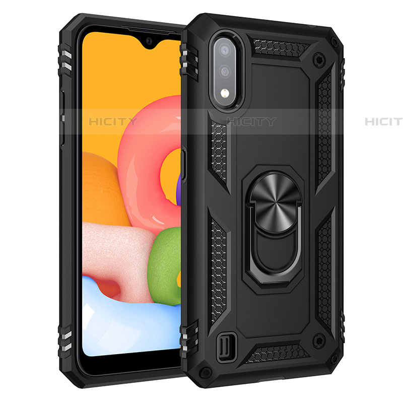 Silikon Hülle Handyhülle und Kunststoff Schutzhülle Hartschalen Tasche mit Magnetisch Fingerring Ständer S06 für Samsung Galaxy A01 SM-A015 Schwarz