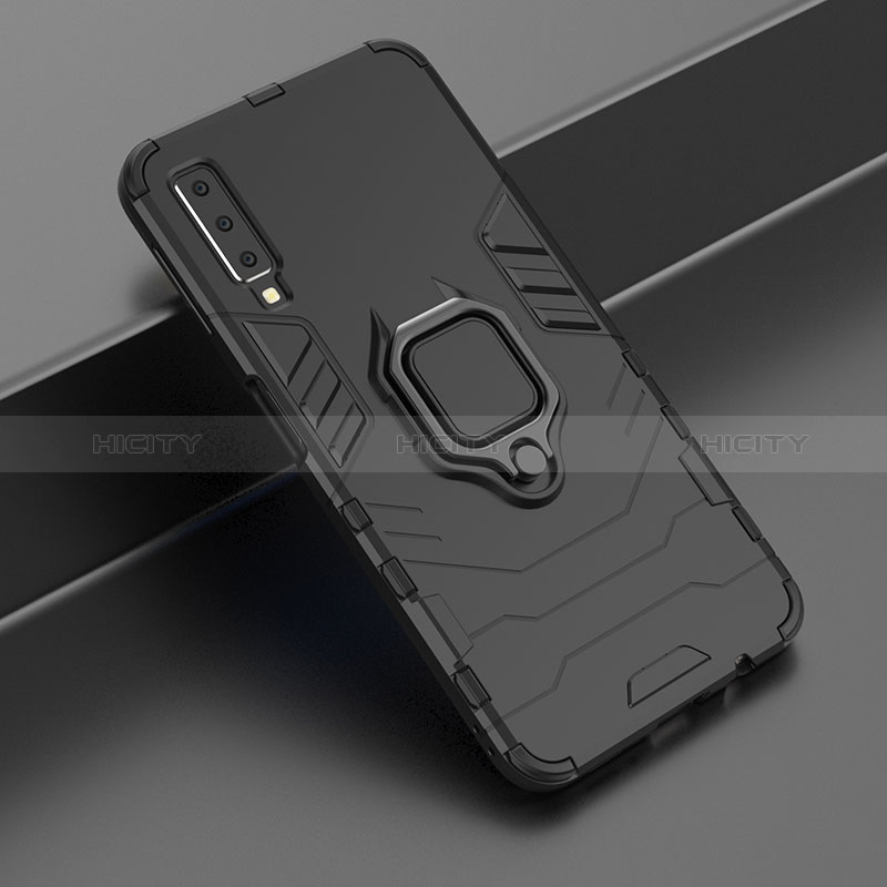 Silikon Hülle Handyhülle und Kunststoff Schutzhülle Hartschalen Tasche mit Magnetisch Fingerring Ständer S06 für Samsung Galaxy A7 (2018) A750
