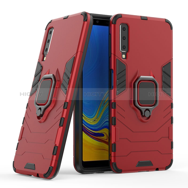 Silikon Hülle Handyhülle und Kunststoff Schutzhülle Hartschalen Tasche mit Magnetisch Fingerring Ständer S06 für Samsung Galaxy A7 (2018) A750 Rot Plus