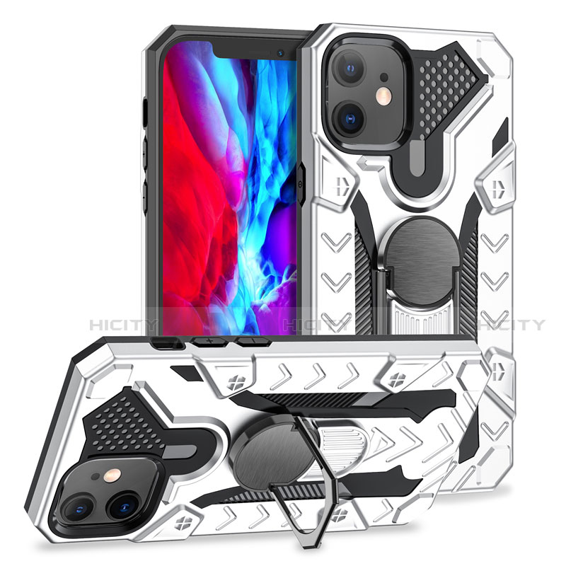 Silikon Hülle Handyhülle und Kunststoff Schutzhülle Hartschalen Tasche mit Magnetisch Fingerring Ständer S07 für Apple iPhone 12 groß