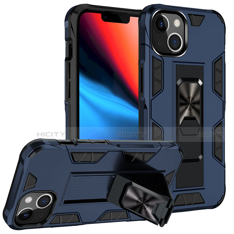 Silikon Hülle Handyhülle und Kunststoff Schutzhülle Hartschalen Tasche mit Magnetisch Fingerring Ständer S07 für Apple iPhone 13 Blau