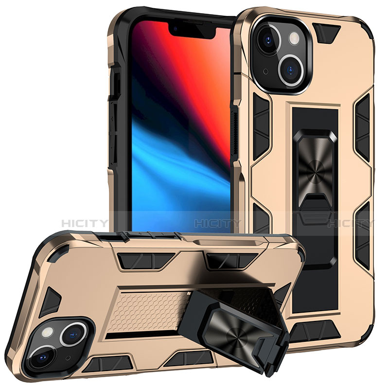 Silikon Hülle Handyhülle und Kunststoff Schutzhülle Hartschalen Tasche mit Magnetisch Fingerring Ständer S07 für Apple iPhone 13 Mini Gold