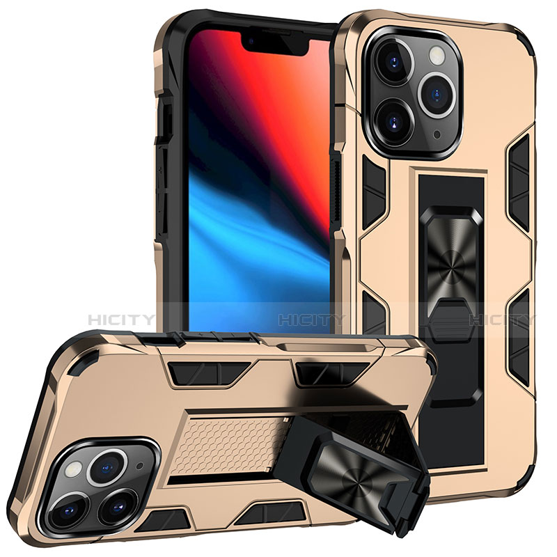 Silikon Hülle Handyhülle und Kunststoff Schutzhülle Hartschalen Tasche mit Magnetisch Fingerring Ständer S07 für Apple iPhone 13 Pro Gold Plus