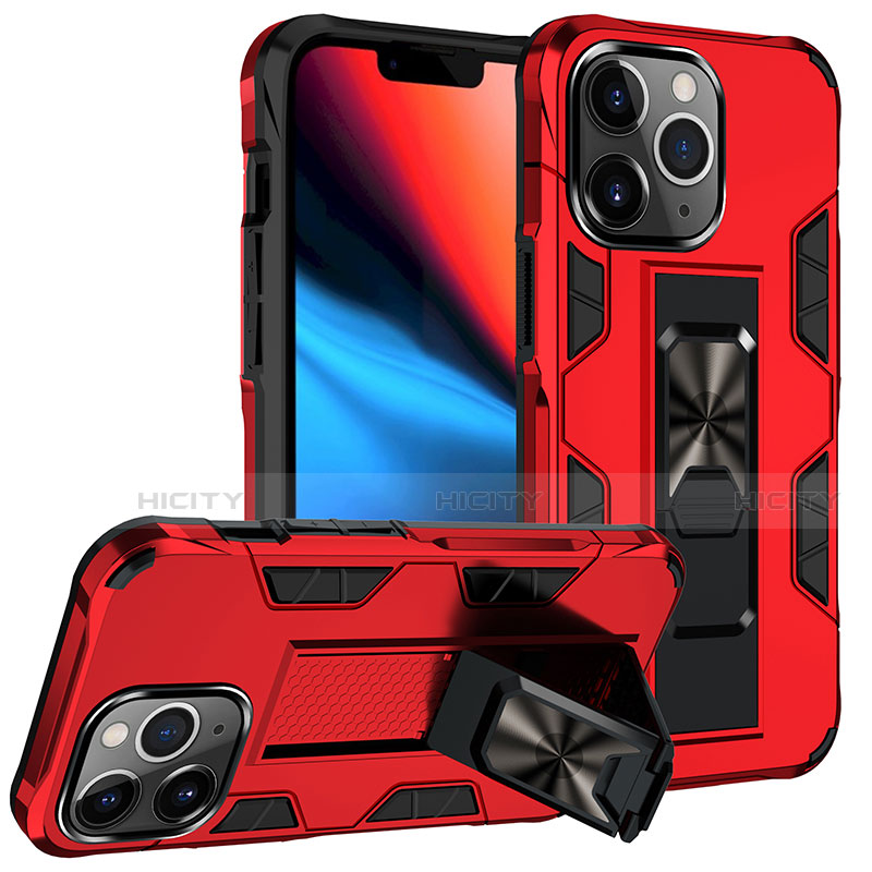 Silikon Hülle Handyhülle und Kunststoff Schutzhülle Hartschalen Tasche mit Magnetisch Fingerring Ständer S07 für Apple iPhone 13 Pro Rot Plus