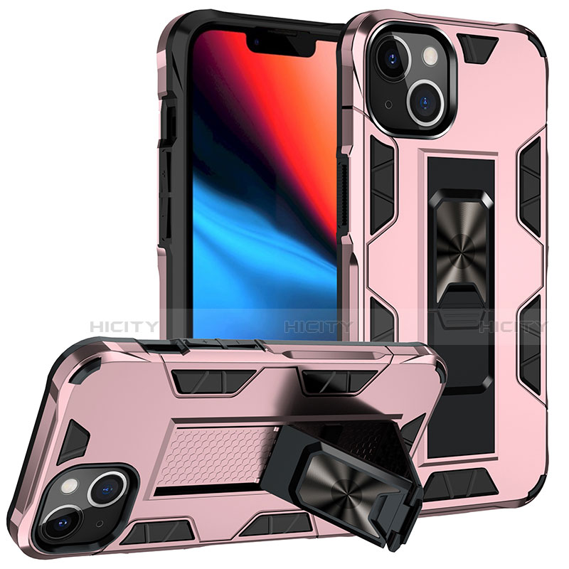 Silikon Hülle Handyhülle und Kunststoff Schutzhülle Hartschalen Tasche mit Magnetisch Fingerring Ständer S07 für Apple iPhone 14 Plus Rosegold