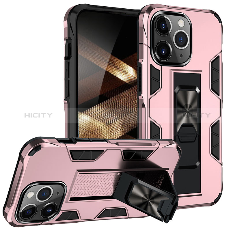 Silikon Hülle Handyhülle und Kunststoff Schutzhülle Hartschalen Tasche mit Magnetisch Fingerring Ständer S07 für Apple iPhone 14 Pro Max Rosegold