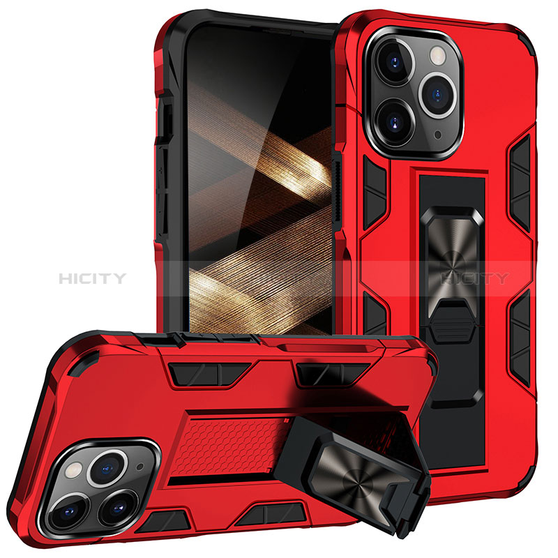 Silikon Hülle Handyhülle und Kunststoff Schutzhülle Hartschalen Tasche mit Magnetisch Fingerring Ständer S07 für Apple iPhone 14 Pro Rot Plus