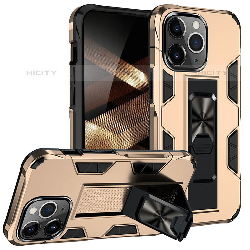 Silikon Hülle Handyhülle und Kunststoff Schutzhülle Hartschalen Tasche mit Magnetisch Fingerring Ständer S07 für Apple iPhone 15 Pro Gold