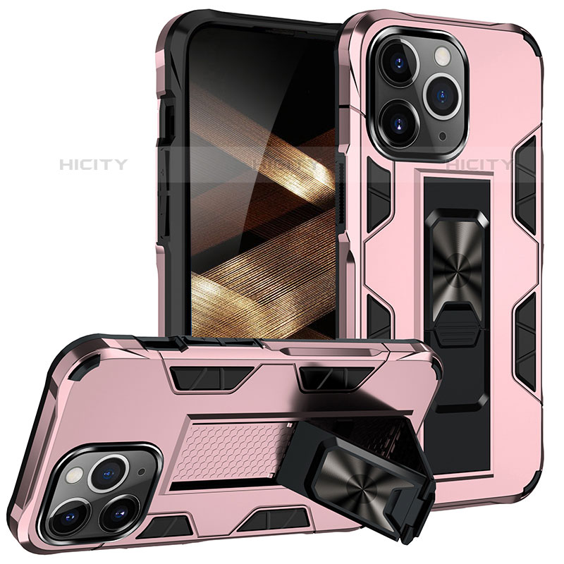 Silikon Hülle Handyhülle und Kunststoff Schutzhülle Hartschalen Tasche mit Magnetisch Fingerring Ständer S07 für Apple iPhone 15 Pro Max Rosegold