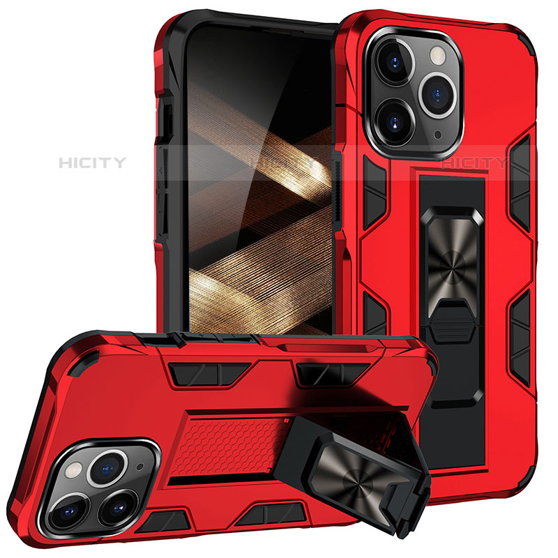 Silikon Hülle Handyhülle und Kunststoff Schutzhülle Hartschalen Tasche mit Magnetisch Fingerring Ständer S07 für Apple iPhone 15 Pro Rot