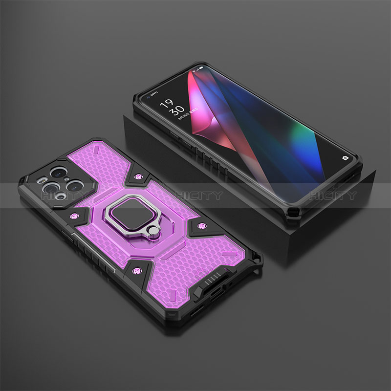 Silikon Hülle Handyhülle und Kunststoff Schutzhülle Hartschalen Tasche mit Magnetisch Fingerring Ständer S07 für Oppo Find X3 5G Violett