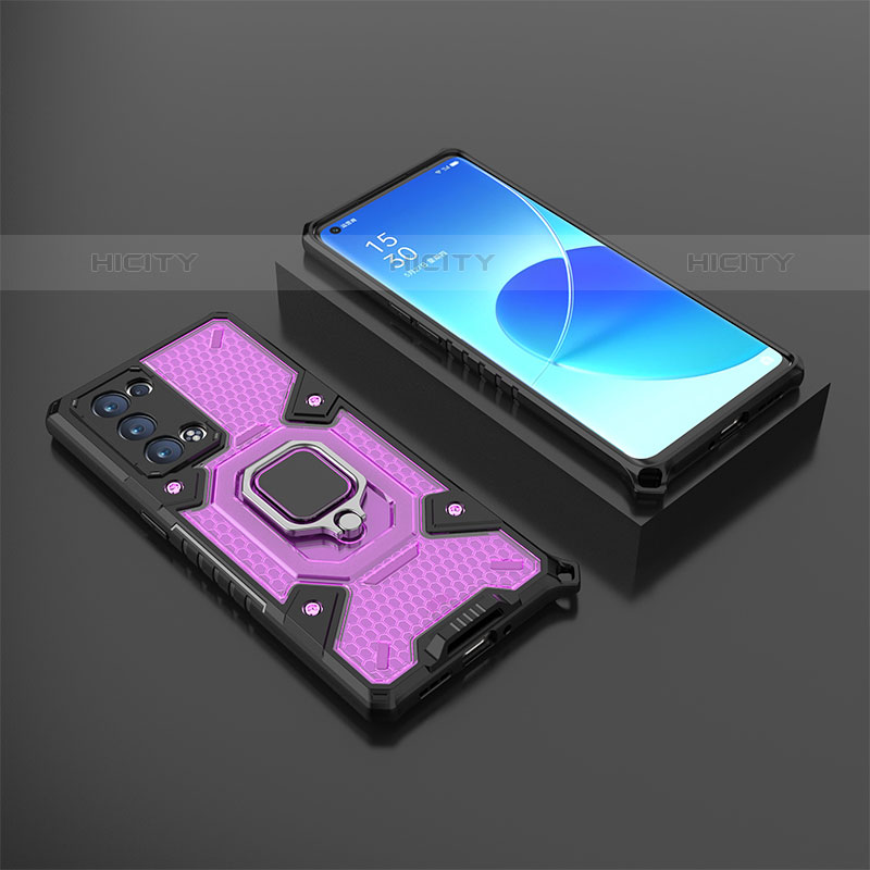 Silikon Hülle Handyhülle und Kunststoff Schutzhülle Hartschalen Tasche mit Magnetisch Fingerring Ständer S07 für Oppo Reno6 Pro 5G Violett