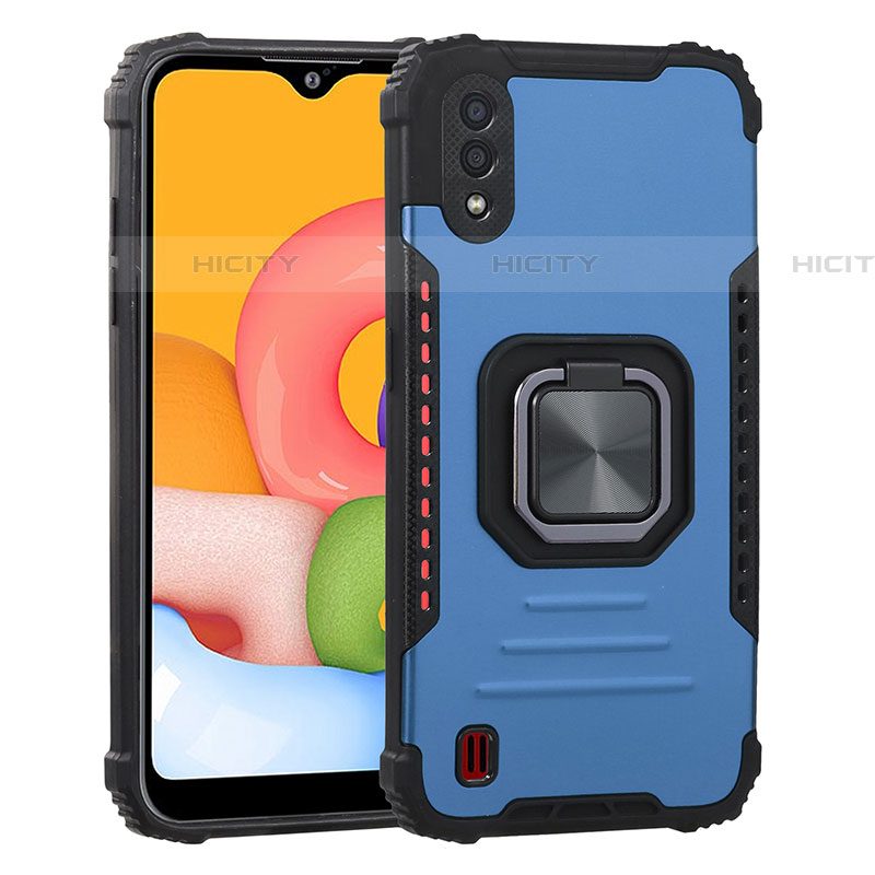 Silikon Hülle Handyhülle und Kunststoff Schutzhülle Hartschalen Tasche mit Magnetisch Fingerring Ständer S07 für Samsung Galaxy A01 SM-A015 Blau