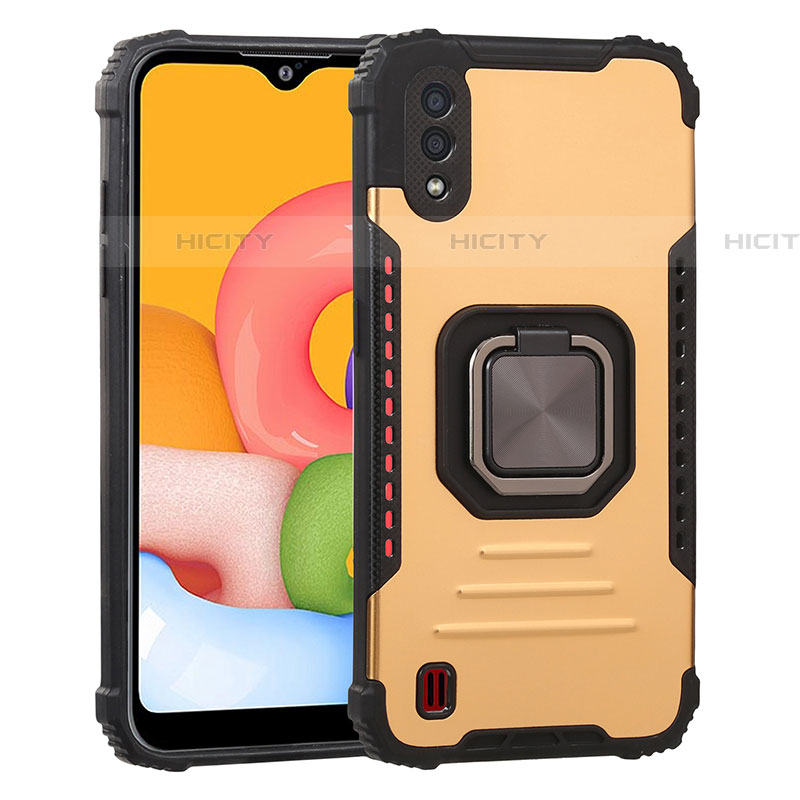 Silikon Hülle Handyhülle und Kunststoff Schutzhülle Hartschalen Tasche mit Magnetisch Fingerring Ständer S07 für Samsung Galaxy A01 SM-A015 Gold Plus