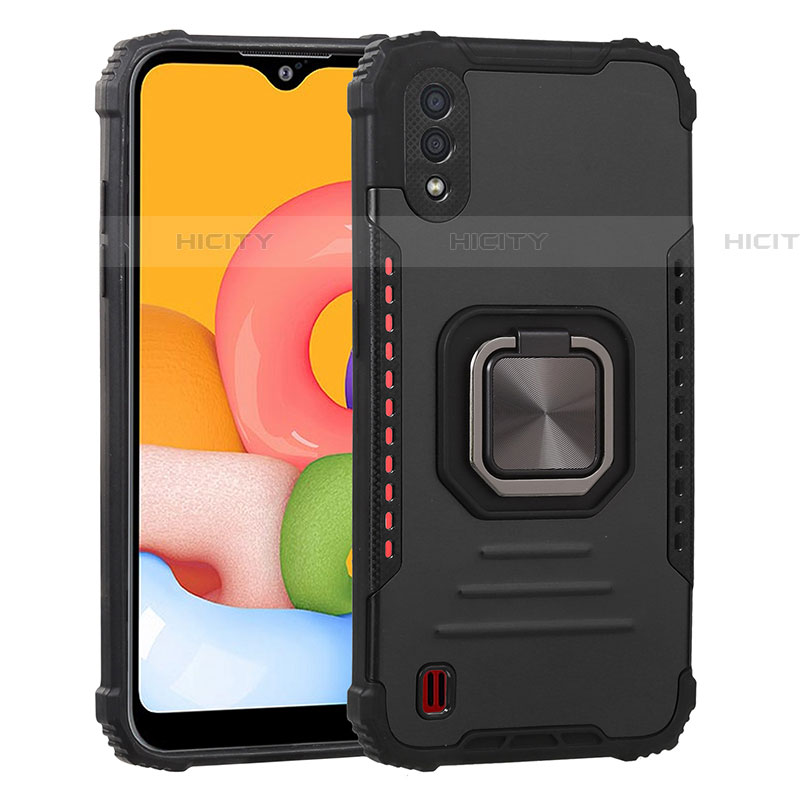 Silikon Hülle Handyhülle und Kunststoff Schutzhülle Hartschalen Tasche mit Magnetisch Fingerring Ständer S07 für Samsung Galaxy A01 SM-A015 Schwarz Plus