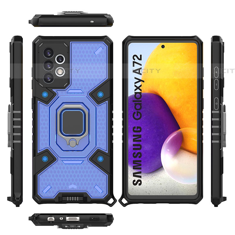 Silikon Hülle Handyhülle und Kunststoff Schutzhülle Hartschalen Tasche mit Magnetisch Fingerring Ständer S07 für Samsung Galaxy A72 4G Blau Plus