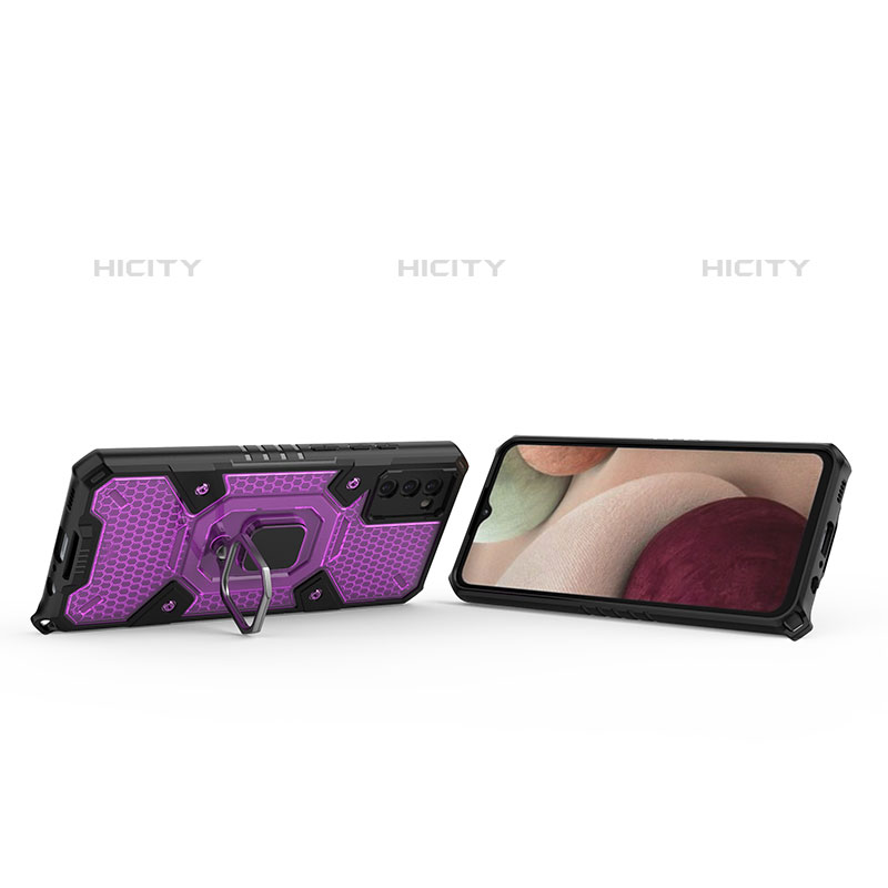 Silikon Hülle Handyhülle und Kunststoff Schutzhülle Hartschalen Tasche mit Magnetisch Fingerring Ständer S07 für Samsung Galaxy M02s Violett