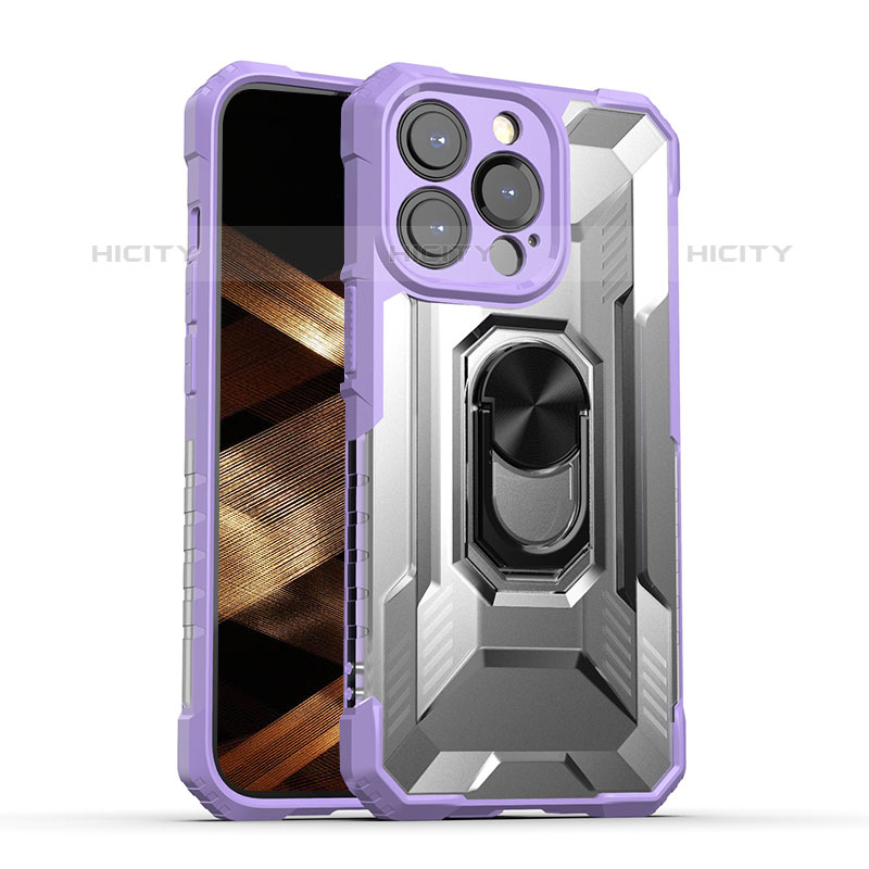 Silikon Hülle Handyhülle und Kunststoff Schutzhülle Hartschalen Tasche mit Magnetisch Fingerring Ständer S08 für Apple iPhone 15 Pro Violett Plus