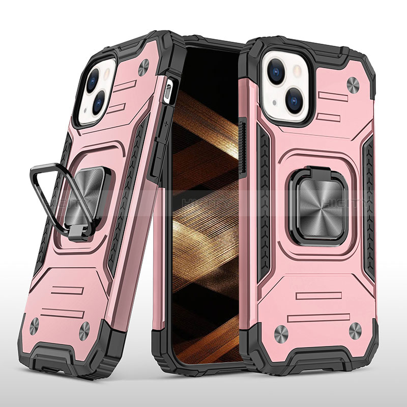 Silikon Hülle Handyhülle und Kunststoff Schutzhülle Hartschalen Tasche mit Magnetisch Fingerring Ständer S08 für Apple iPhone 15 Rosegold